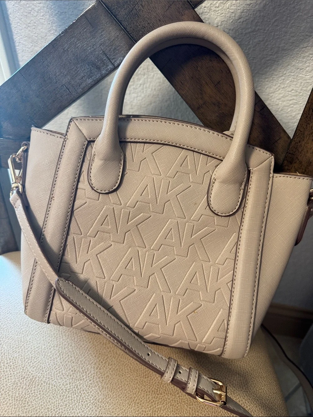 Anne Klein Light Tan Logo-Embossed Satchel with Gold Hardware